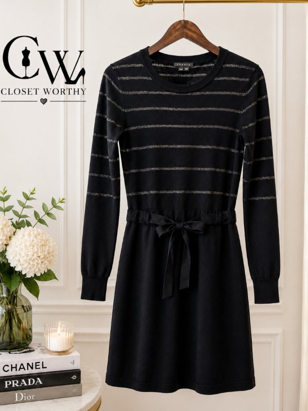 Theory Black Striped Knit Tie-Waist Dress — Size M